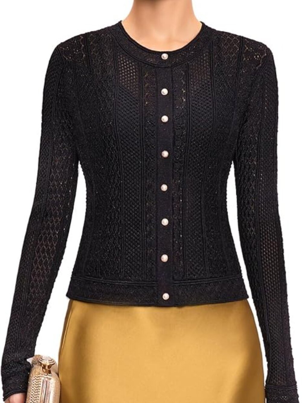 Elegant Black Cardigan With a High Neck and Pearl Buttons